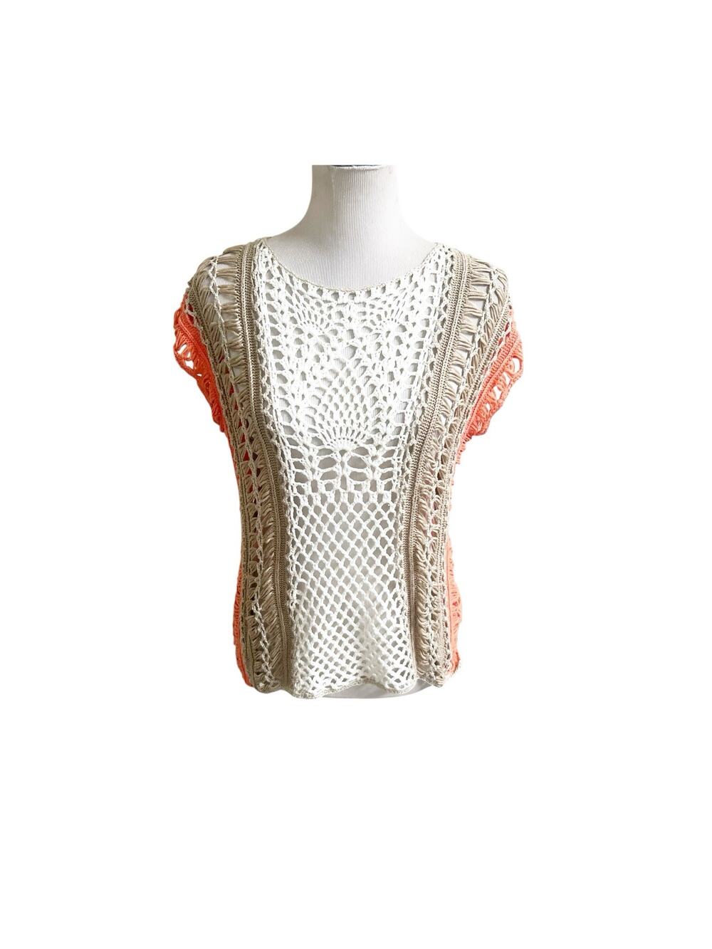 Chico’s Women Gloria Crochet Blouse Size 1/Medium Colorblock Open Knit Elevated